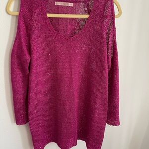 Boston Proper Pink, delicately sequined, cut-out shoulder sweater